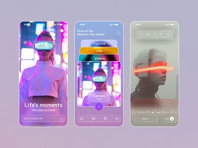 Camera VR App UI – Immersive Experience 3d ar capture ai ai powered moments app app design ar capture ar fitness experience app b2b clean app e commerce app ios app minimal ui mobile product listing tech gadgets user experience design virtual reality app vr web design webdesign