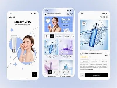 Beauty Store App UI beauty app beauty e commerce beauty product beauty shop beauty store cosmetic app facial treatment hair treatment make up marketplace mobile app online shop online store product commerce shopping skincare shop skincare store store veloura woman treatment