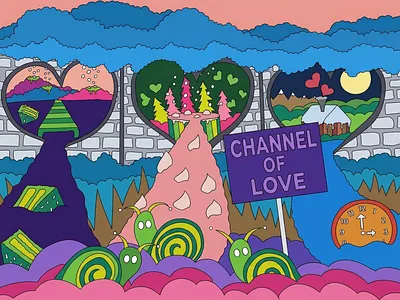 Channel of Love character colorful comics cute dreamlike dreams fantasy flat graphic design illustration nostalgia pop psychedelic rainbow science fiction snails surrealism trippy vector whimsical