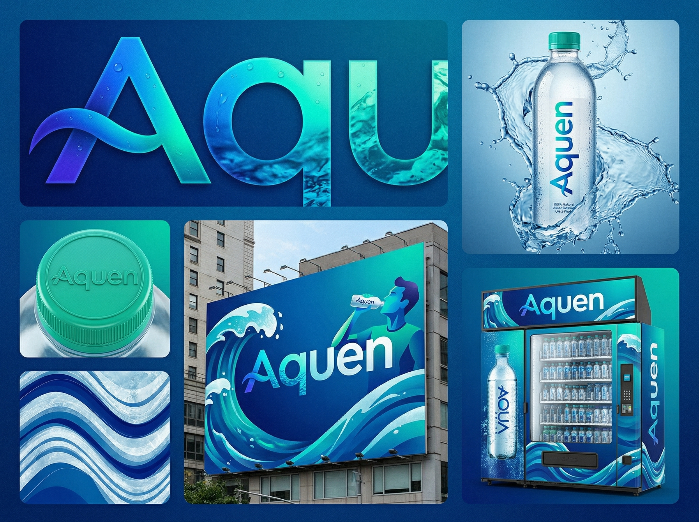 Aquen — Pure Hydration Visual Identity animation beverage branding blue gradient brand identity brand strategy branding design graphic design logo logo design minimalism packaging design premium branding typography ui visual system water brand
