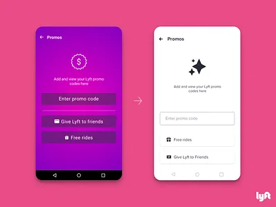 Lyft Android Promo Code Entry Redesign android code coupon design design system flat gradient growth lyft modern promo promotion quickie redesign reskin rideshare simple ui ux white