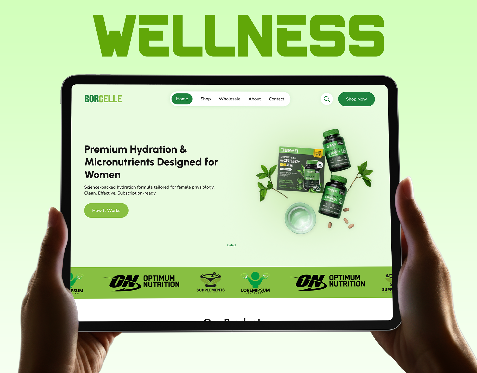 Women's Supplement & Hydration Website UI Design clean ui ecommerce figma green ui health website landing page minimal design nutrition website product page shopify design supplement website ui ui design ux design web design wellness brand wellness design wellness ui design women wellness