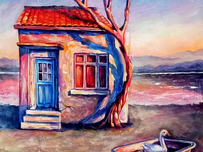 Original Surreal Landscape Painting, House Tree and Goose art coose hand painted handmade illustration nature paint painting surreal ukraine