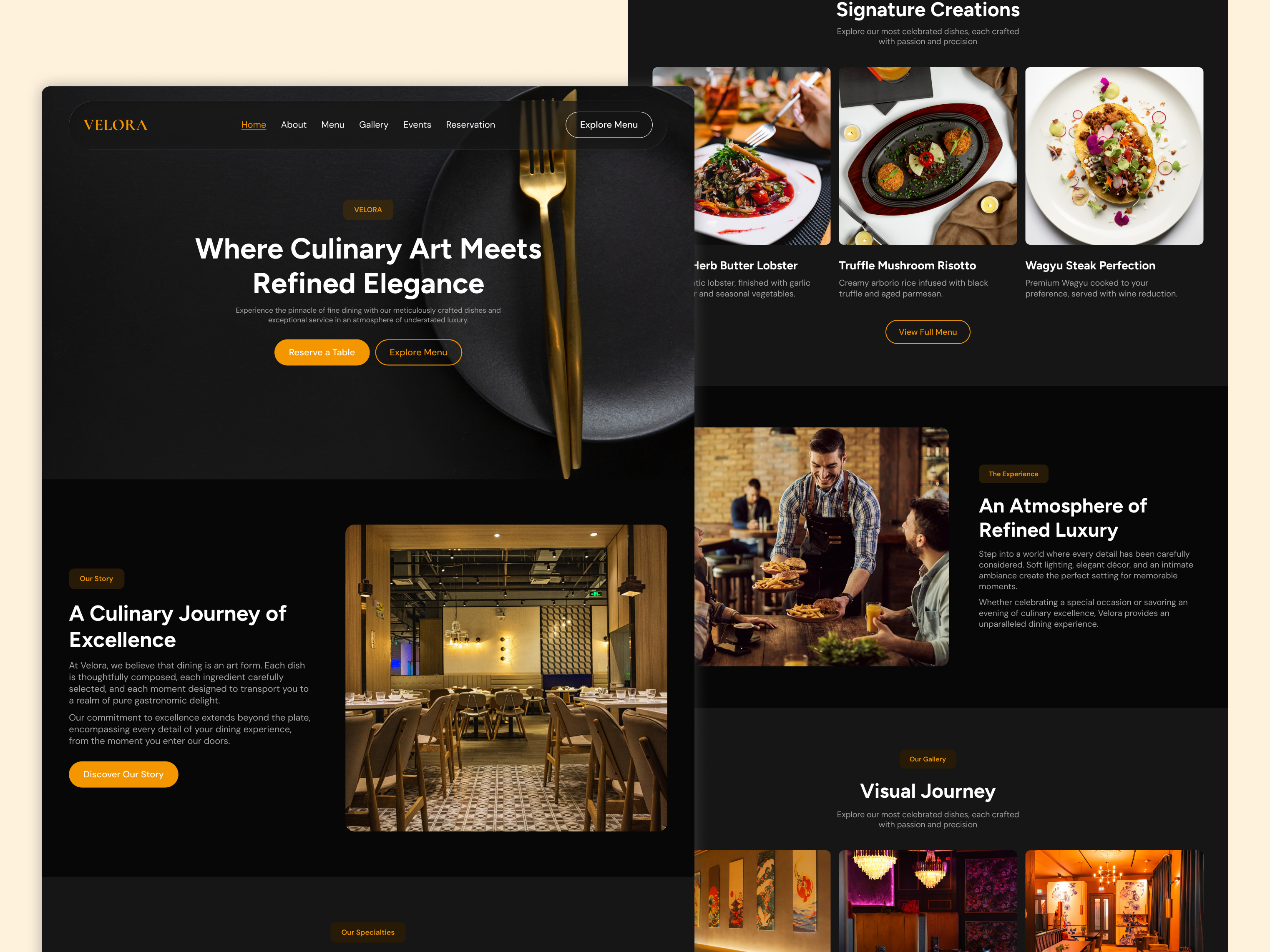 Fine Dining Restaurant Website UI Design dark theme dark ui editorial design elegant ui figma fine dining food website gallery page gold ui landing page luxury design menu design premium design reservation page restaurant website ui design ui ux ux design web design website layout