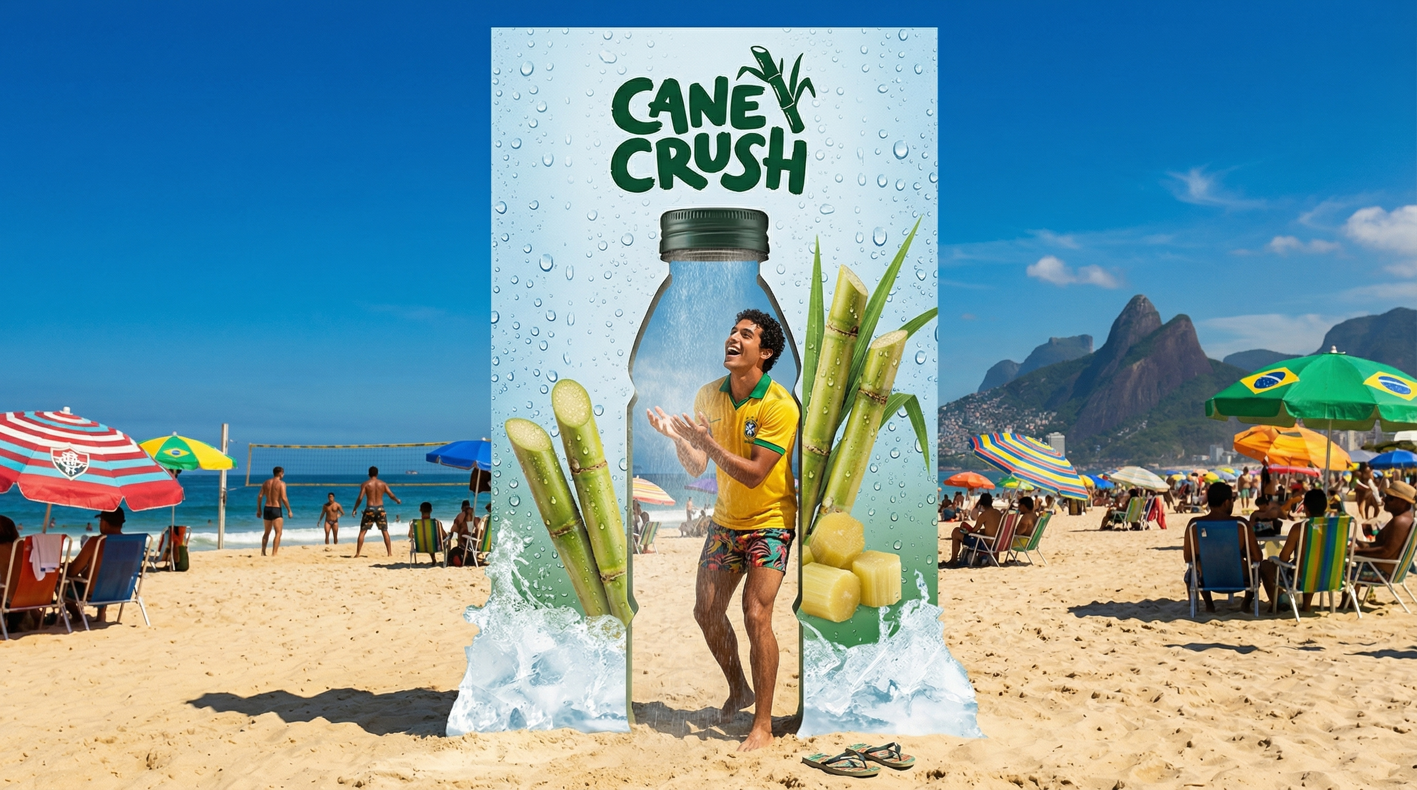 Cane Crush Campaign standee, a floor display or a point of sale a floor display beach culture beverage branding brand identity brazilian design graphic design interactive advertising logo design packaging design point of sale (pos) display product launch standee sugarcane juice tropical aesthetics visual system