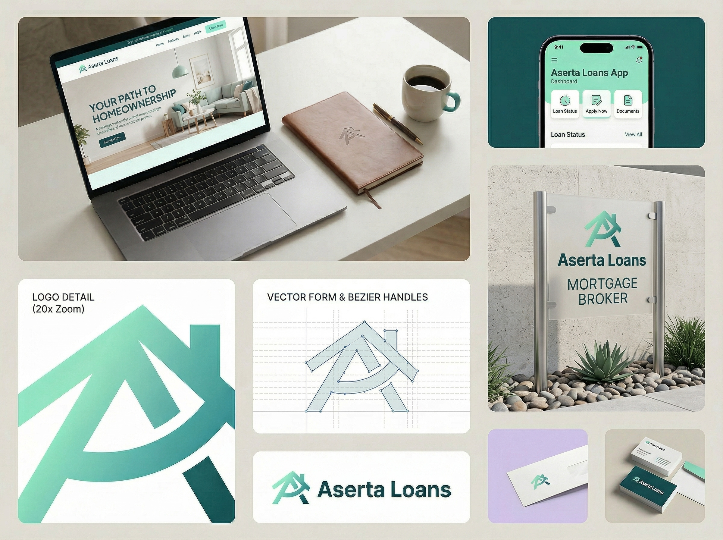Aserta Loans — Your Modern Path to Homeownership 🏡💙 aserta loans brand guidelines branding mockup business cards clean typography design system desk signage financial services geometric a logo grid layout homeownership iphone mockup laptop mockup logo design minimalist modern mobile app dashboard mortgage broker professional corporate teal green color website homepage