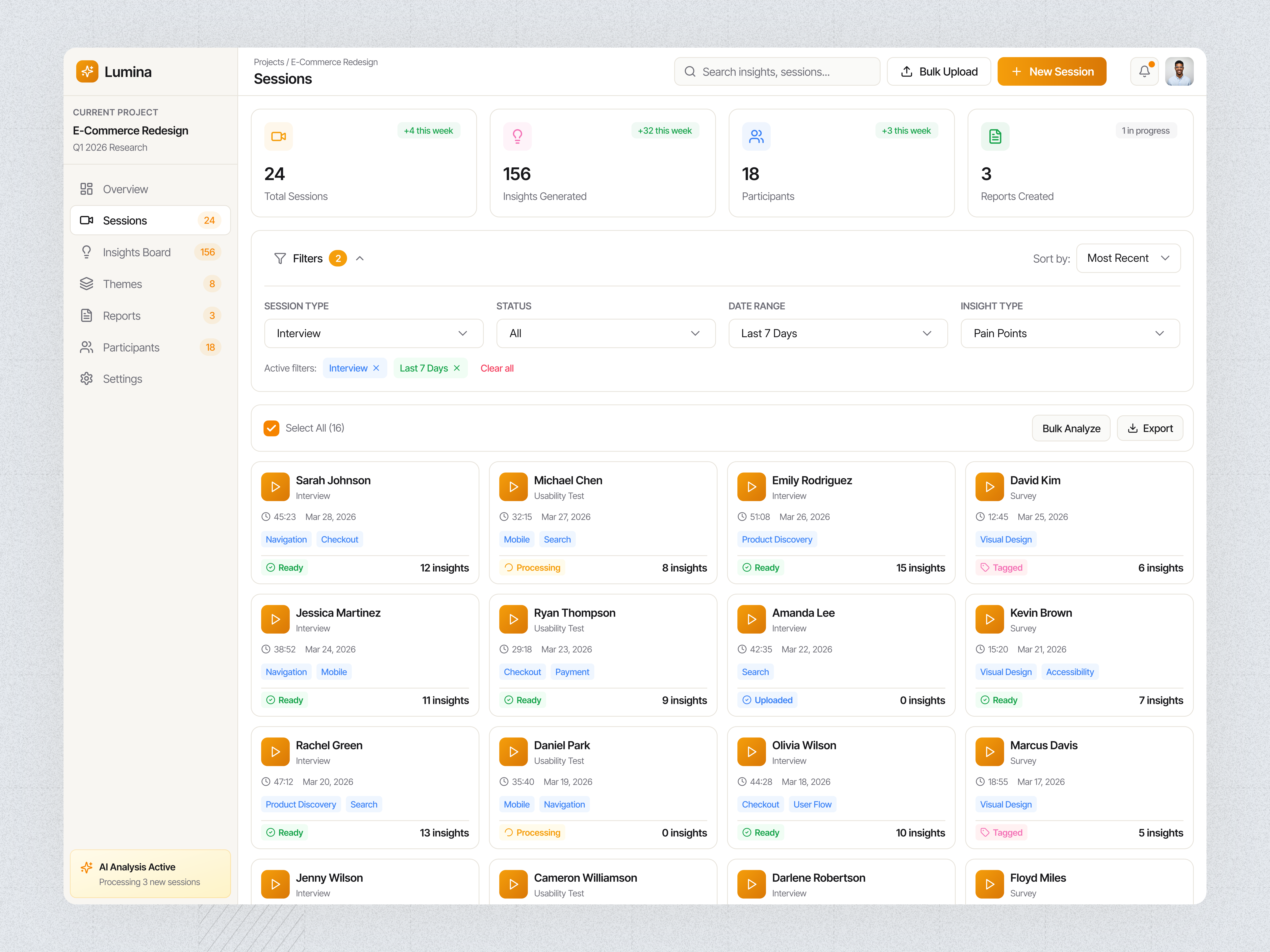 Lumina UX Research Dashboard crm dashboard dashboarddesign designops digital design hr hr management humancentereddesign product productdesign productdiscovery sessionmanagement usabilitytesting uxresearch uxtools