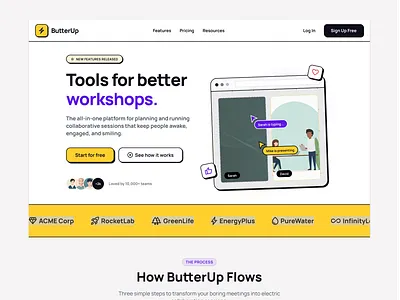 ButterUp – Engaging Virtual Meeting Experience appdesign brutalist collaboration dashboard interaction interface landingpage minimal modernui neubrutalism productdesign remotework responsive saas startup team ui ux webdesign workshop