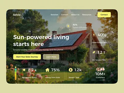 Solvix – Solar Energy Landing Page UI clean energy clean ui dashboard ui eco friendly energy dashboard glassmorphism green energy hero section landing page minimal ui modern ui renewable energy smart home solar solar dashboard solar energy sustainability ui design web design website design