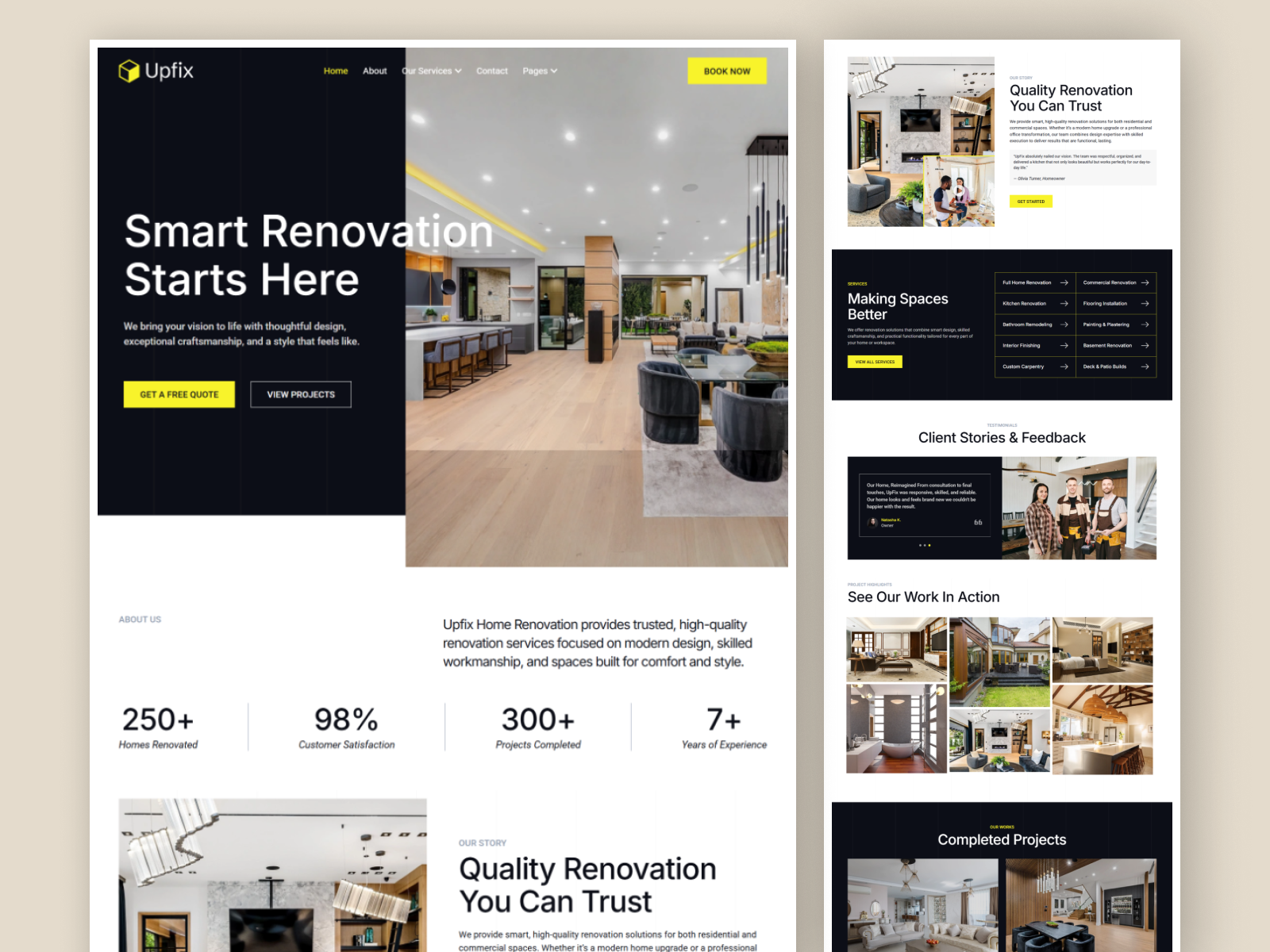Upfix - Home Renovation Website Design clean design commercial renovation construction website design contactor website dark ui design home improvement website home remodeling home renovation interior design landing page modern web ui portfolio website professional services projects showcase raddito webdesign agency renovation services website residential construction service website ux design website design