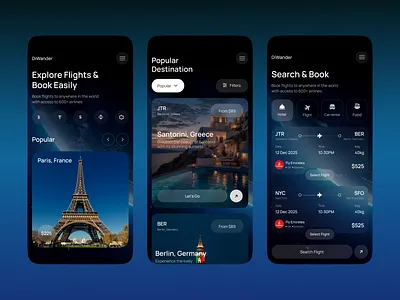 DiWander — Flight Booking Mobile App agent airline boarding booking app dark mode exploration flight flight booking ios mobile mobile app mobile app design schedule ticket ticket booking app tickets app travel app travel ui web web design