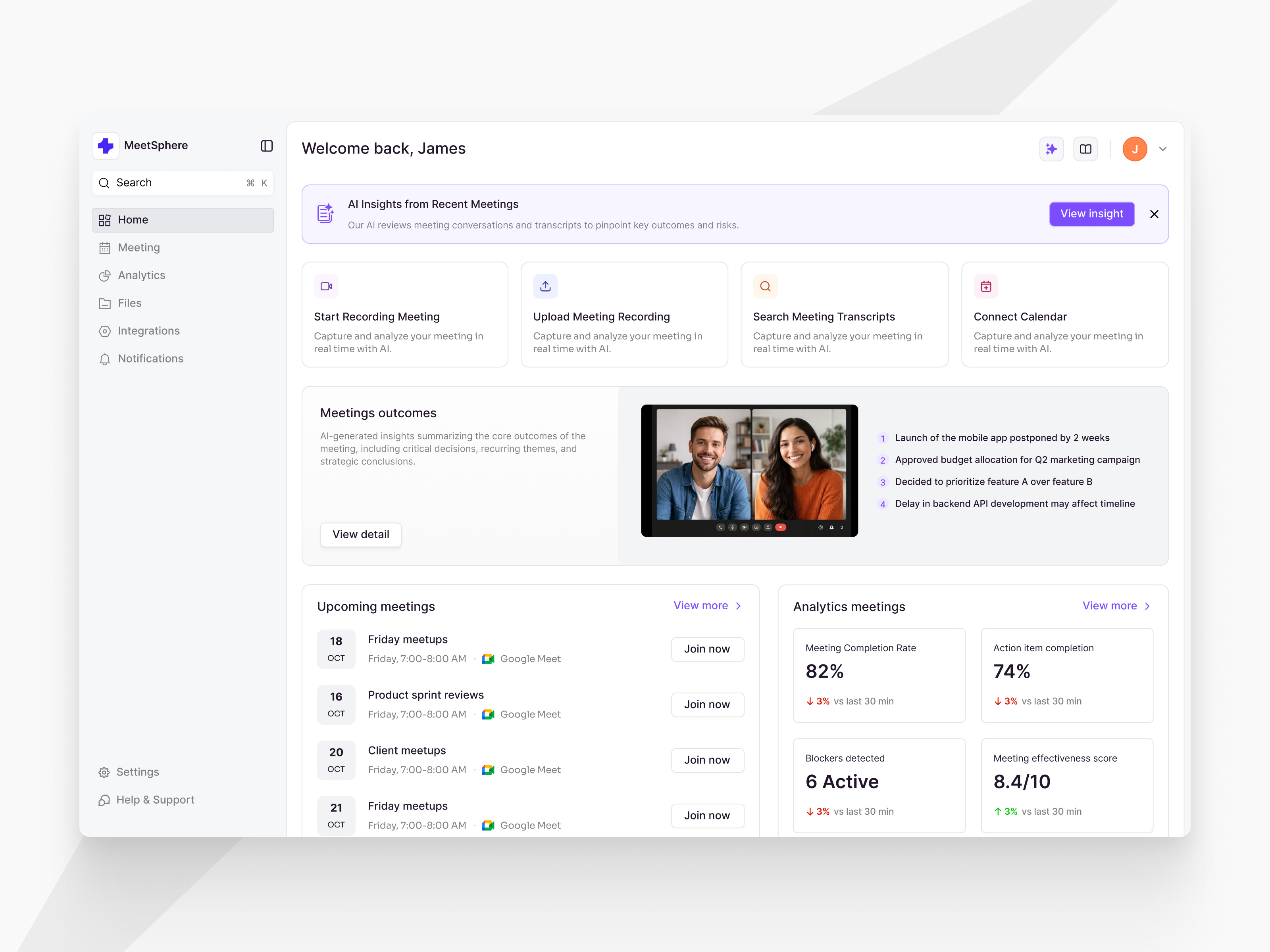 Dashboard management - MeetSphere ai analytics dashboard home management meetings sass ui ux web webapp website
