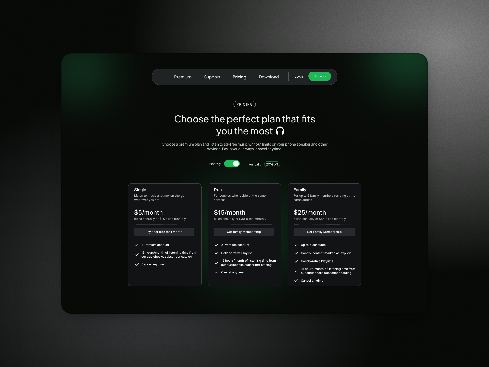 Premium Music Subscription Plan Layout