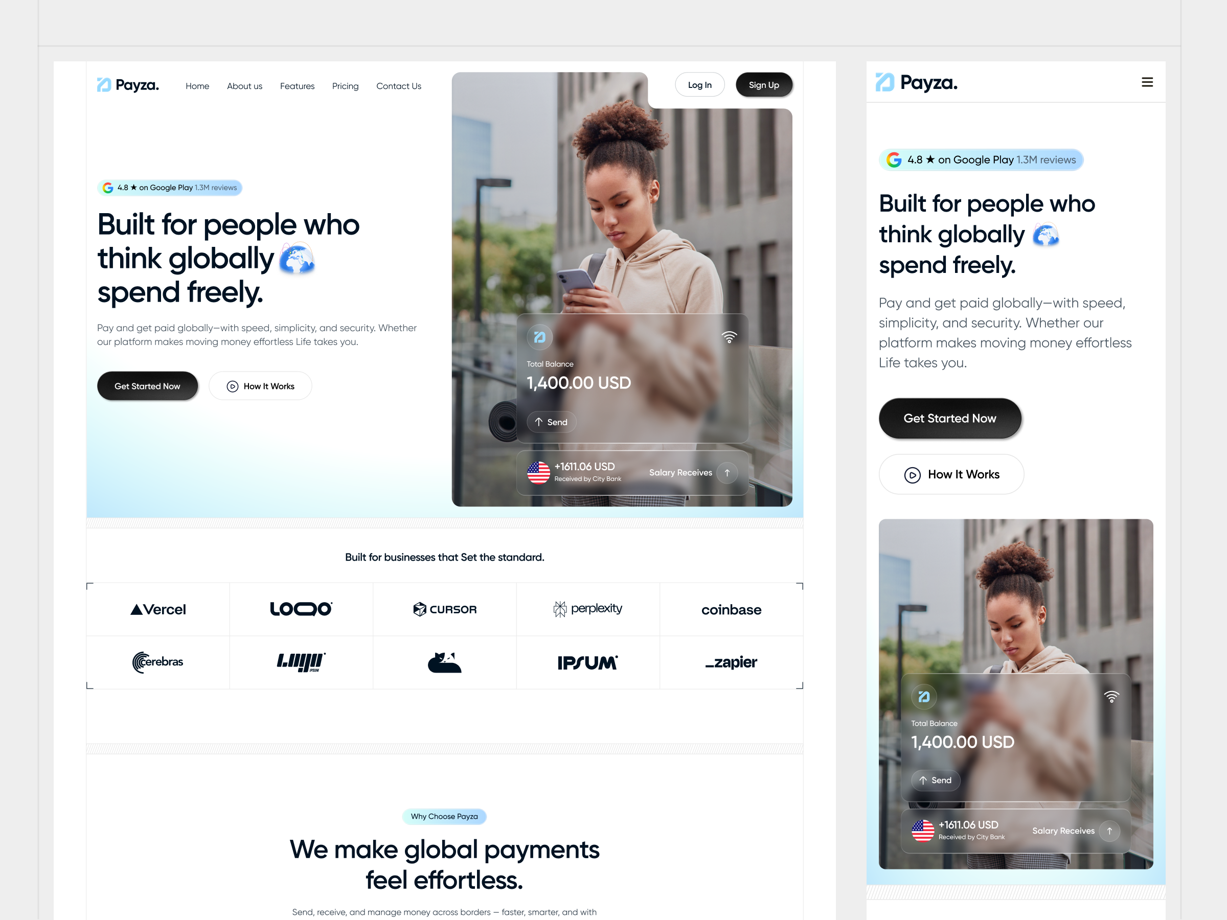 Payza — Global Payment Landing Page fintech fintech saas global design landing page payments product design rifath saas saas website ui ux web web design website design