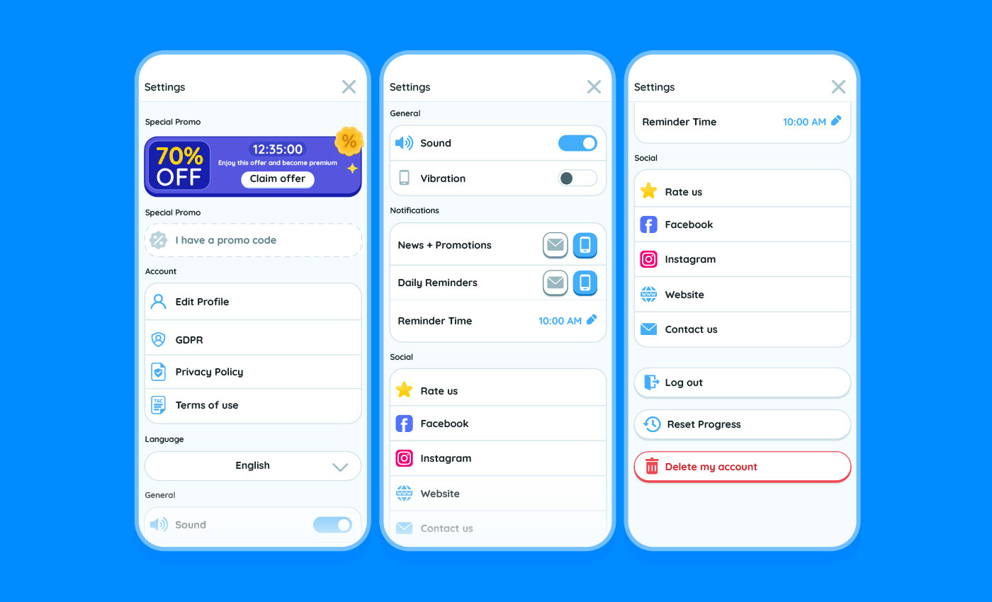 Settings Screen UX/UI account app clean design mobile app modern screen settings settings ui ui ux