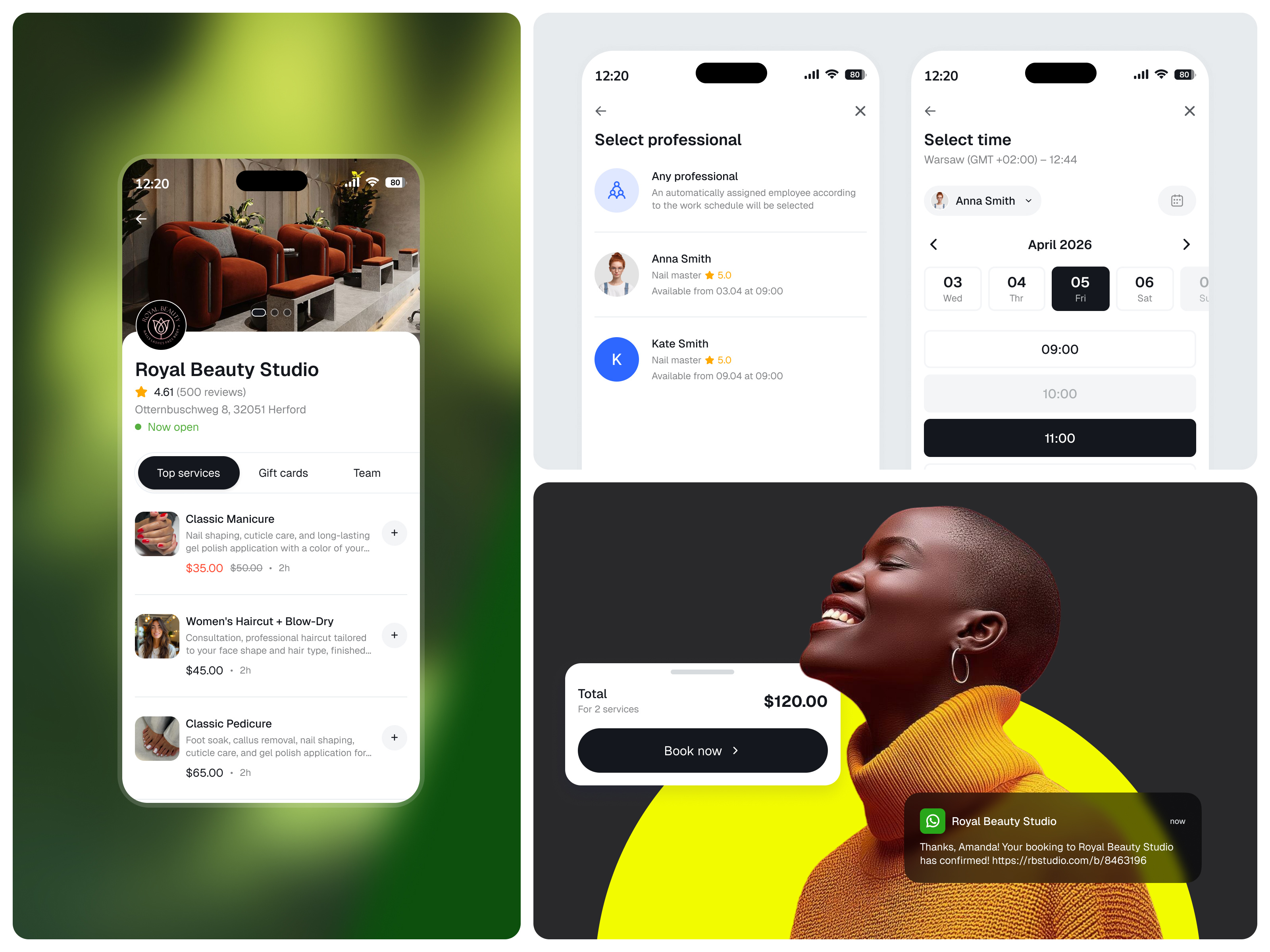 Seamless Booking Flow — Beauty Studio App appointment b2b saas beauty booking clean ui figma interaction design ios minimal mobile app mobile ui product design saas salon scheduling service booking ui user flow ux wellness