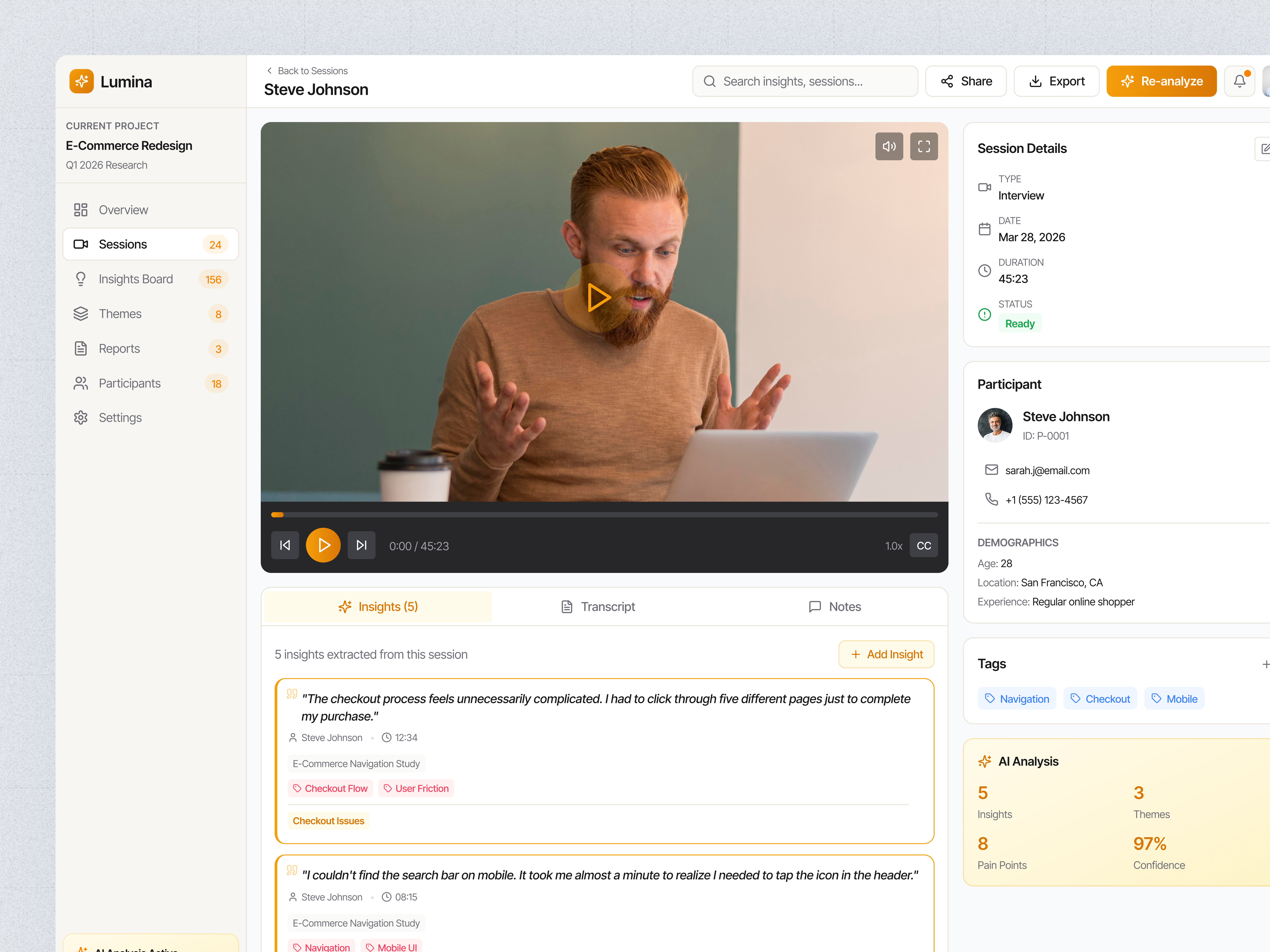 Lumina UX Research Dashboard crm dashboard dashboard design designthinking hr product design productdiscovery researchops saas sessionrecording userinterviews uxresearch uxtools