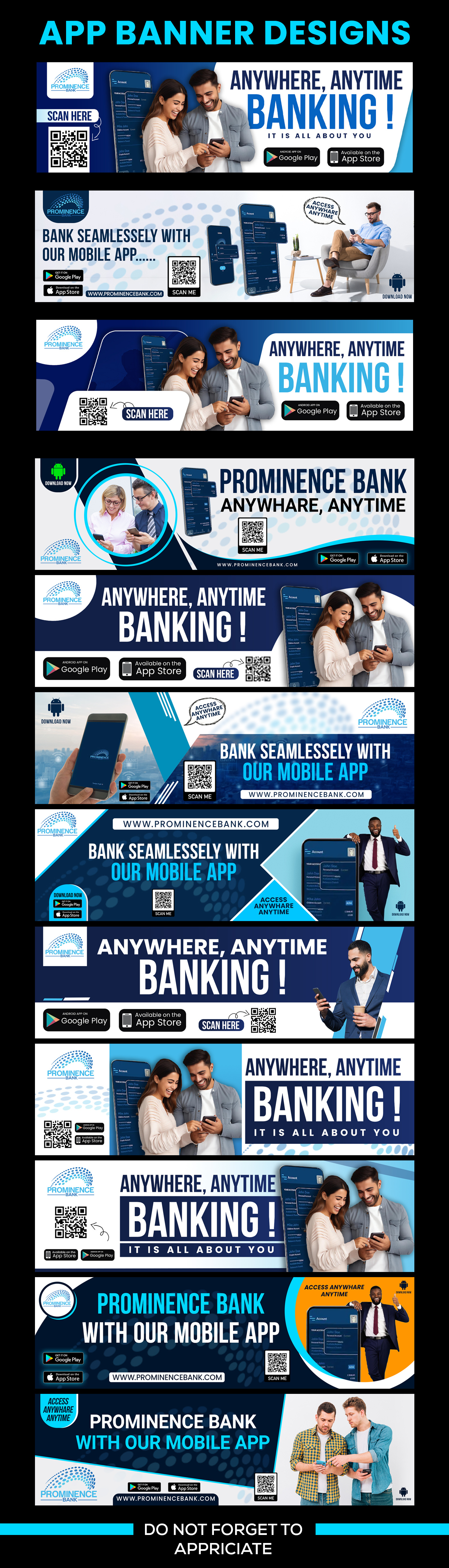 Banking App Banner Design app banner app download app marketing app store bank promo blue theme brand promo clean design corporate design digital ads finance design fintech design mobile banking modern layout online banking play store qr code social banner ui showcase web banner
