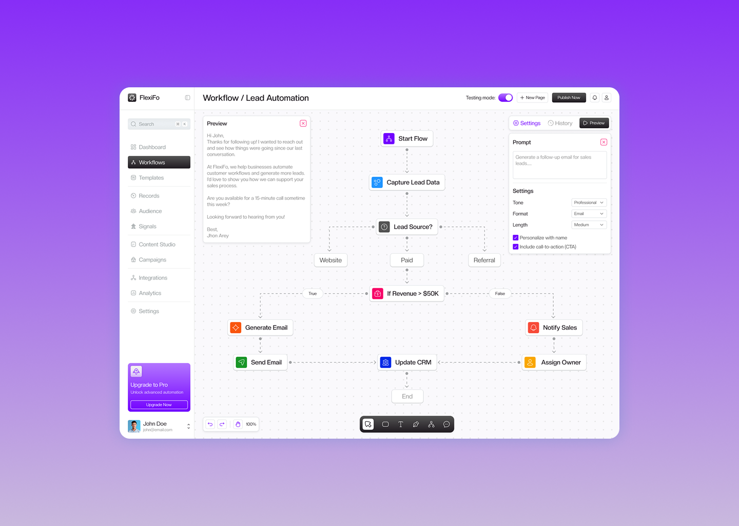 Workflow Automation Builder UI for CRM & SaaS Platform app interface automation system automation ui crm dashboard dashboard ui data workflow email automation enterprise software flow builder lead management low code platform modern ui no code tool process automation product design saas dashboard ui ux design ux design web app design workflow builder