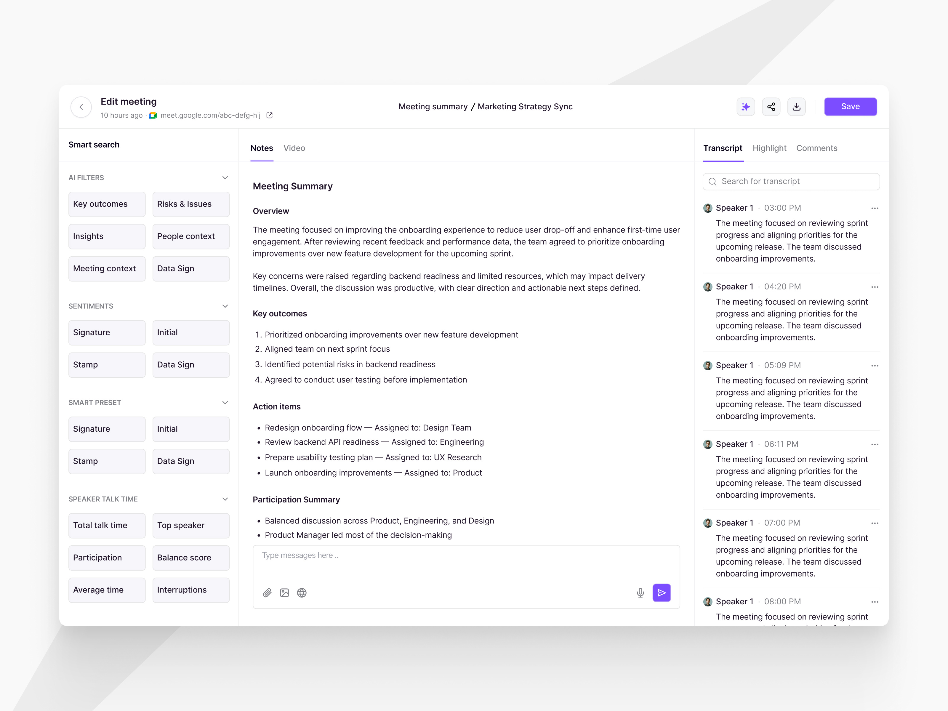 AI Meeting Summary - MeetSphere ai dashboard detail meetings saas summary text form ui ux web web app website