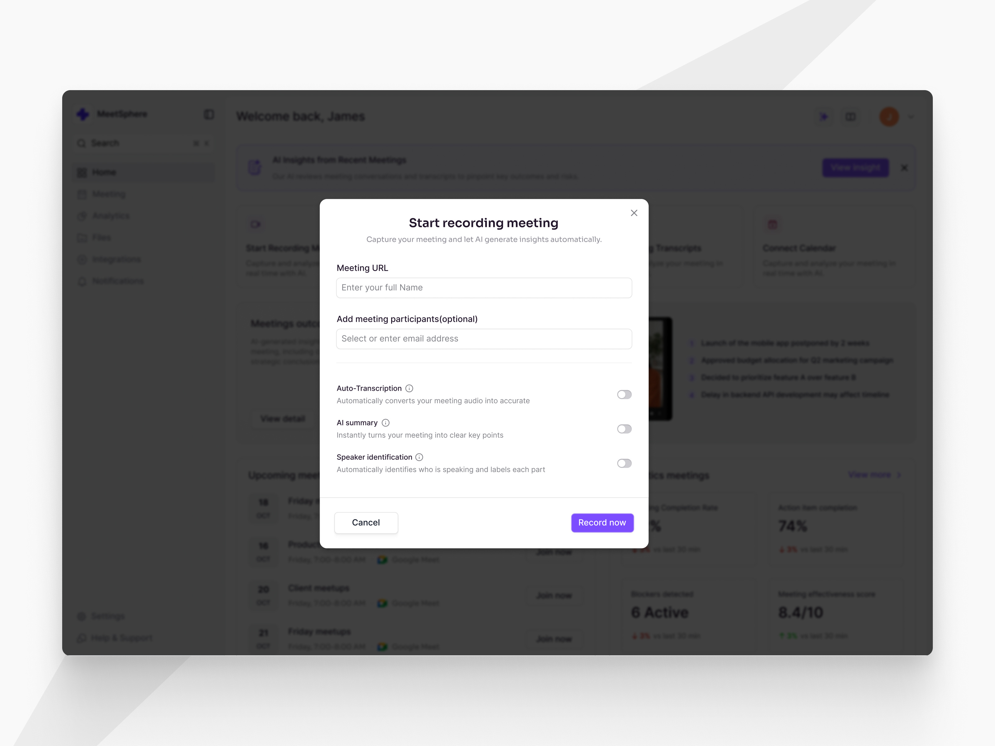 Quick action state - MeetSphere calendar dashboard graphic design live meeting live record popup saas state sync ui ux web website