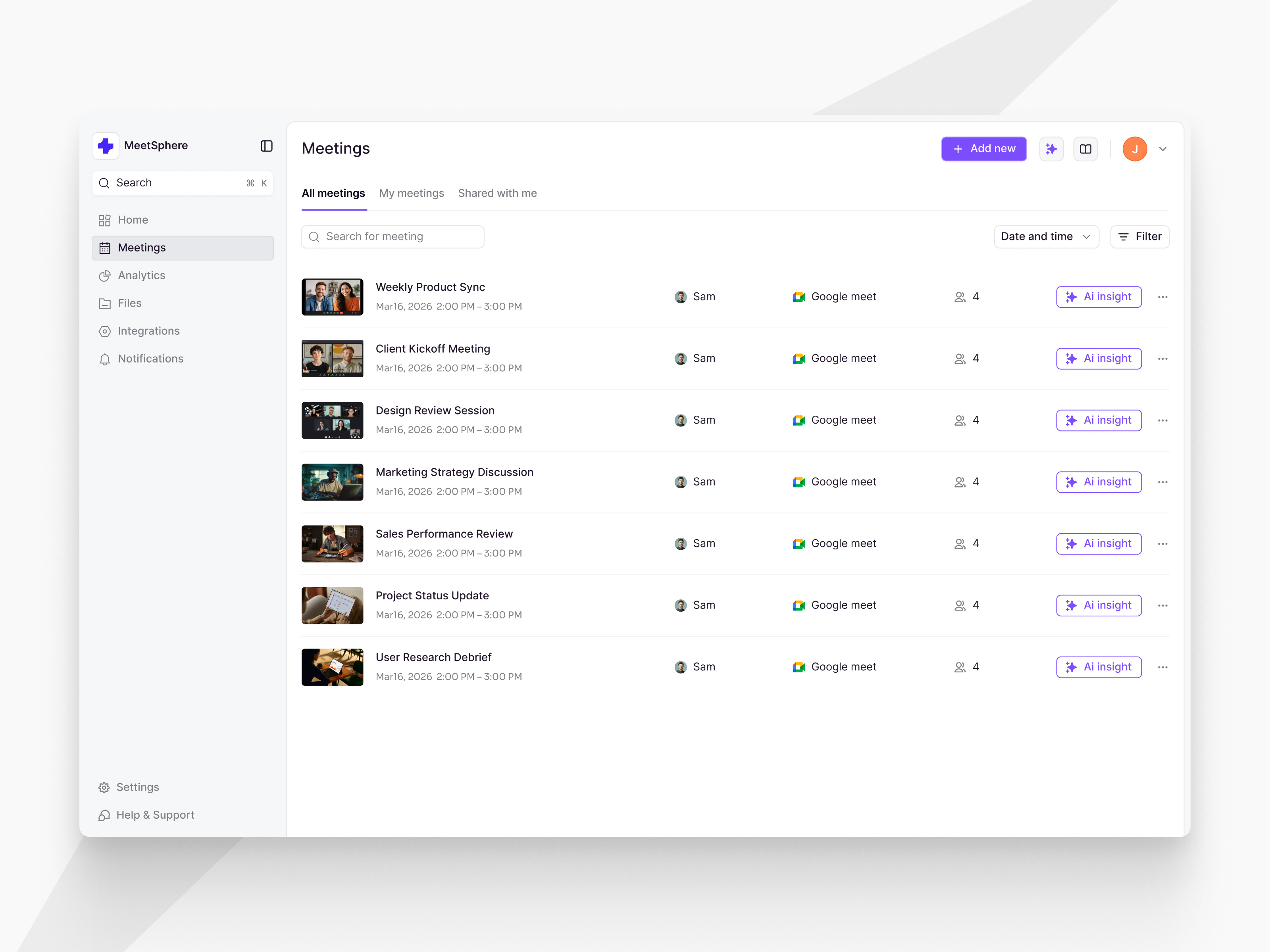 Meetings page - MeetShpere dashboard dekstop list meetings saas table ui ux web web app website