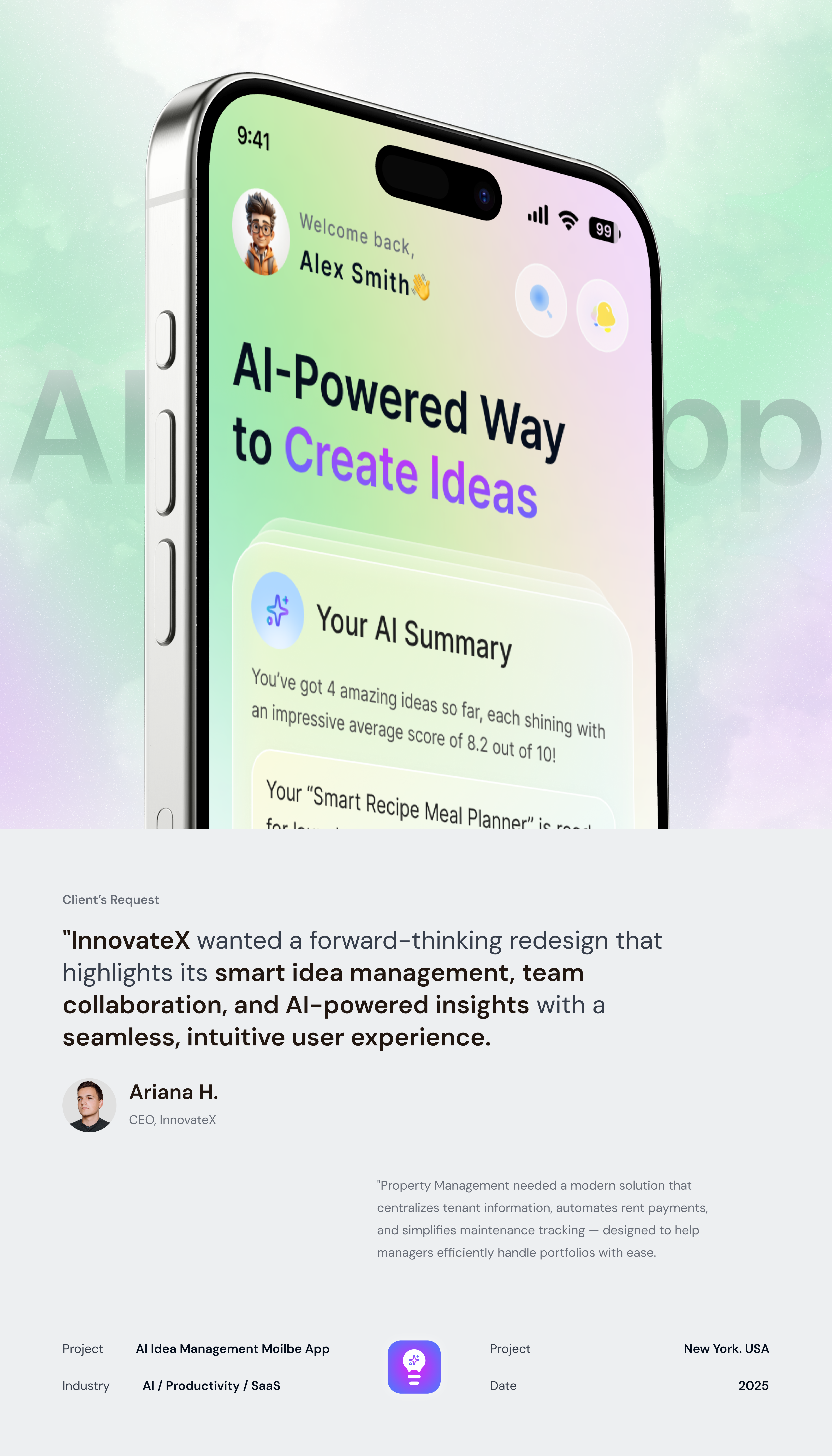 AI Idea Management Mobile App ai mobile app ai productivity app ai ui design app design creative app digital product design idea management idea management app idea tracking idea tracking app mobile app mobile ux modern ui note taking app productivity app task management website ui ux design user experience user interface workflow app