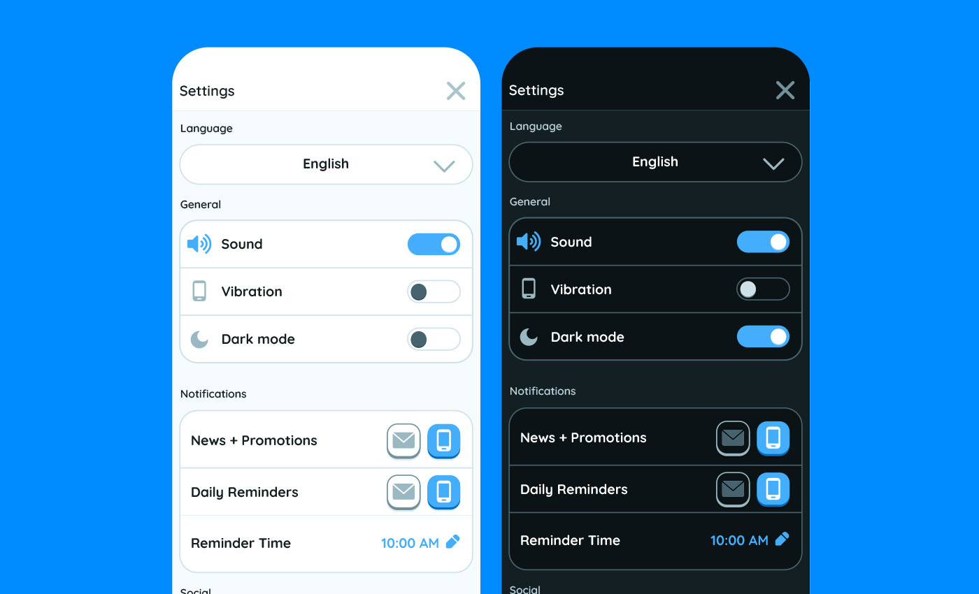 Settings Dark & Light mode app dark dark mode design light light mode mobile mobile app mode screen settings settings screen ui ui design