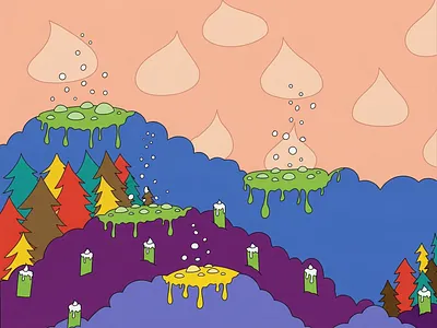 The Moss Umbrella Range alien cartoon colorful dreamlike dystopian environment flat graphic design graphic novel illustration landscape nostalgia pop psychedelic rainbow sci fi surrealism trippy vector whimsical