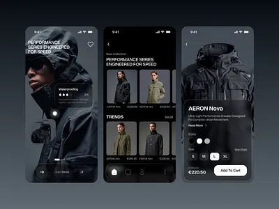 AERON App - Performance Outerwear Store Concept app clean concept design ecommerce minimal mobile app store