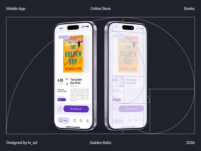 Online Book Store App | Golden Ratio Grid app app concept book app book store books golden grid golden ratio interface le xel mobile app monochrome app online store purple purple app purple palette ui