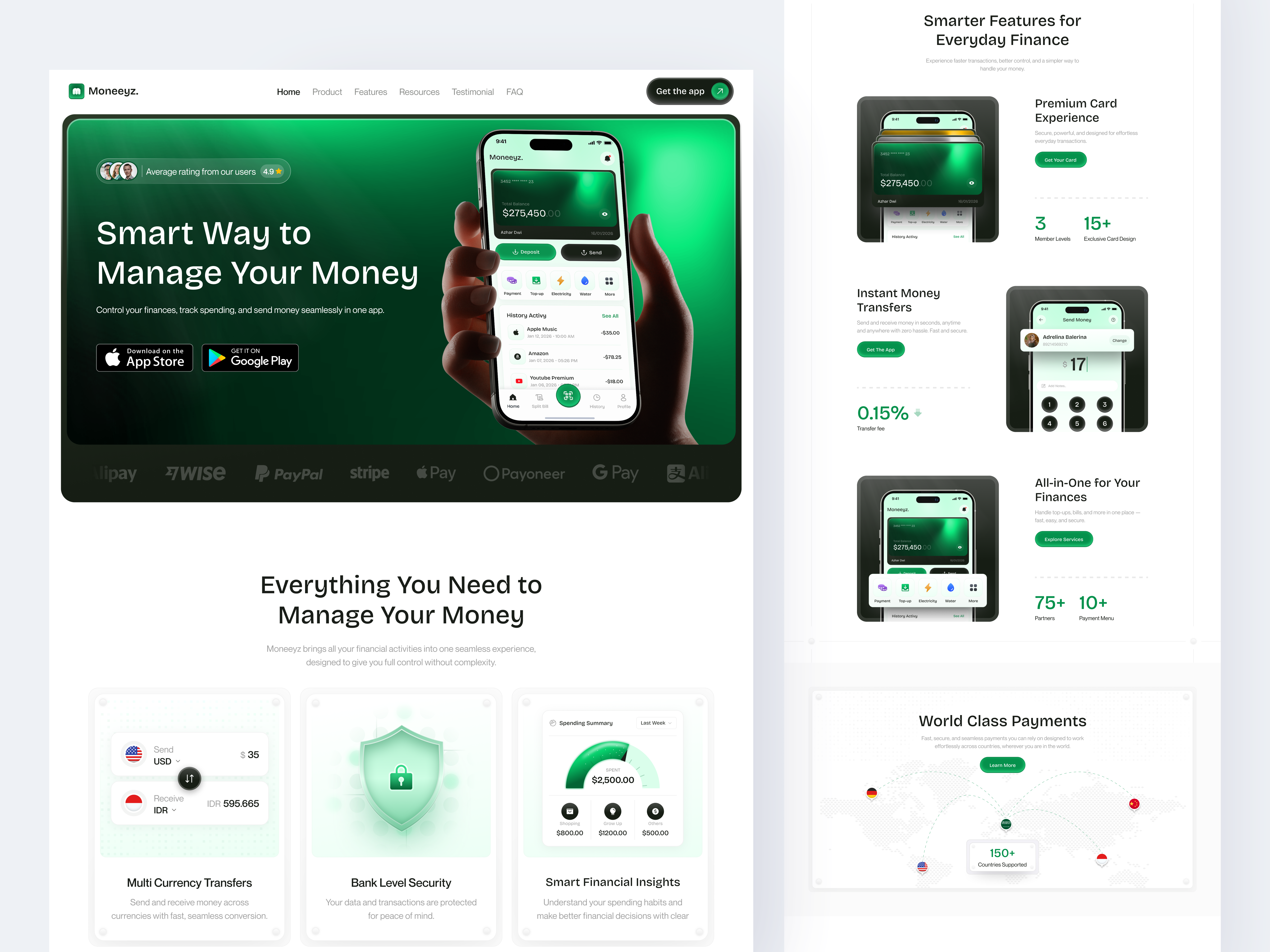 Moneeyz. - Finance Landing Page bank bill card clean download finance green introduce landing page mobile modern money play store promotion ui ui snippet ux wallet web website