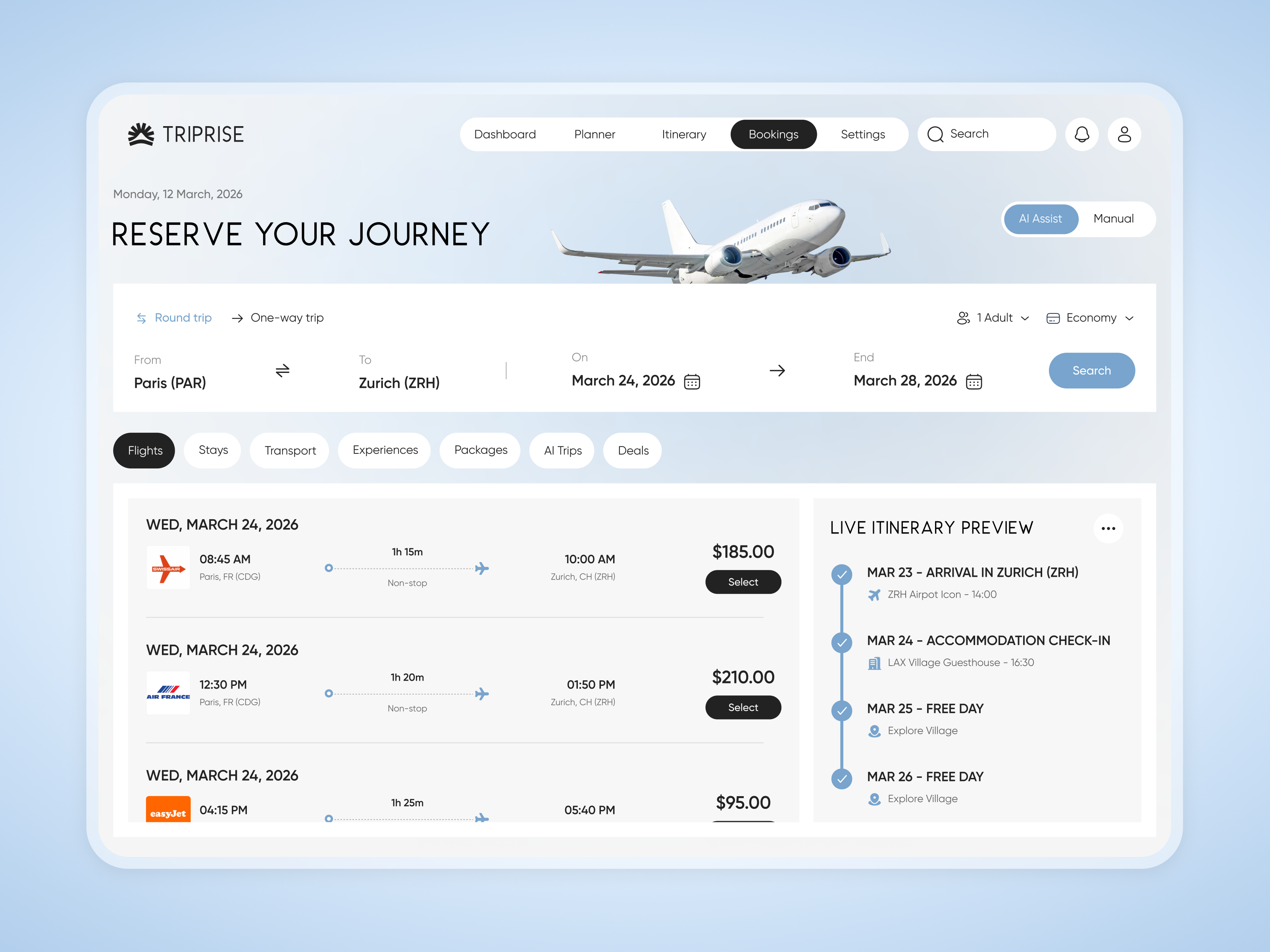 Example of Smart Travel Planner App - Booking screen