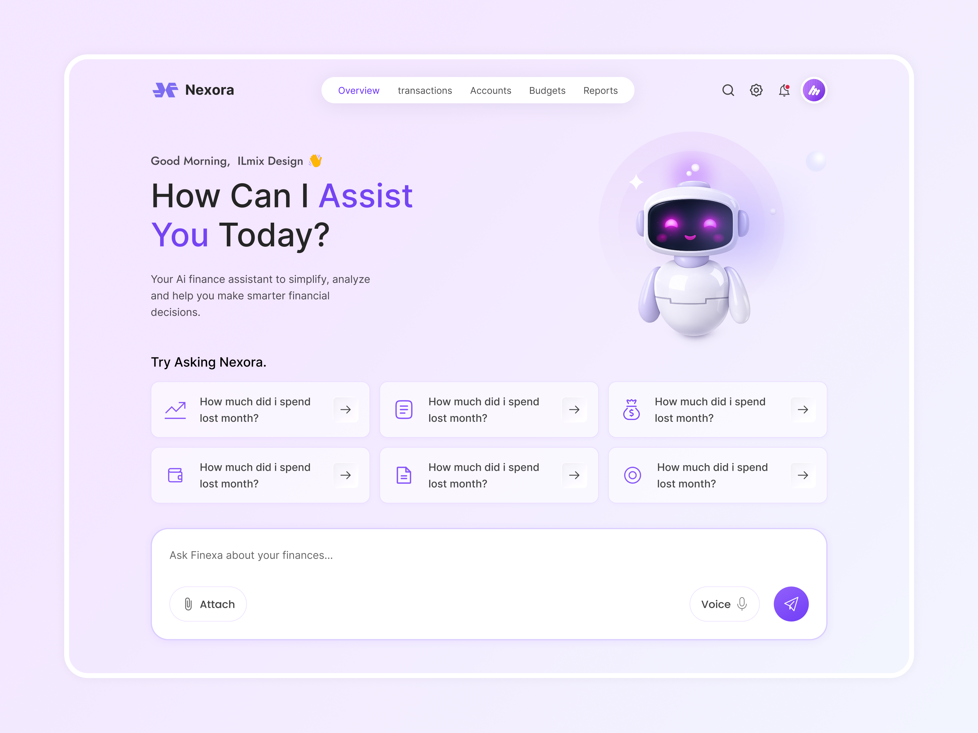 AI Finance Assistant Dashboard UI Design admin dashboard ai assistant ai dashboard banking app chatbot ui dashboard ui figma design finance app finance dashboard financial analytics fintech fintech app glassmorphism minimal dashboard modern ui purple ui saas design ui ux web app web design