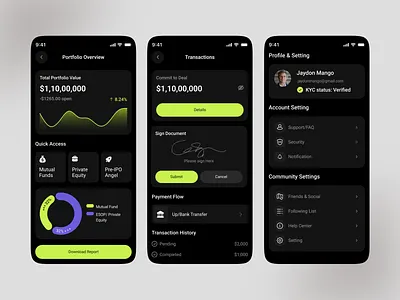 Luxury Investment App – Dashboard & Profile UI banking app behance branding dashboard dribbble finance fintech investment ios log in mobile mobile app portfolio portfolio app product design profile trading app user interface wealth management web