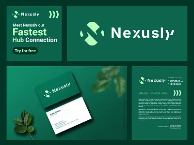 Nexusly Logo, Brand Identity and Social Media Design abastract logo brand brand identity branding business card design connection logo design graphic design green branding lettermark logo logo design minimal branding modern logo n logo print saas branding social medial post design startup branding tech logo