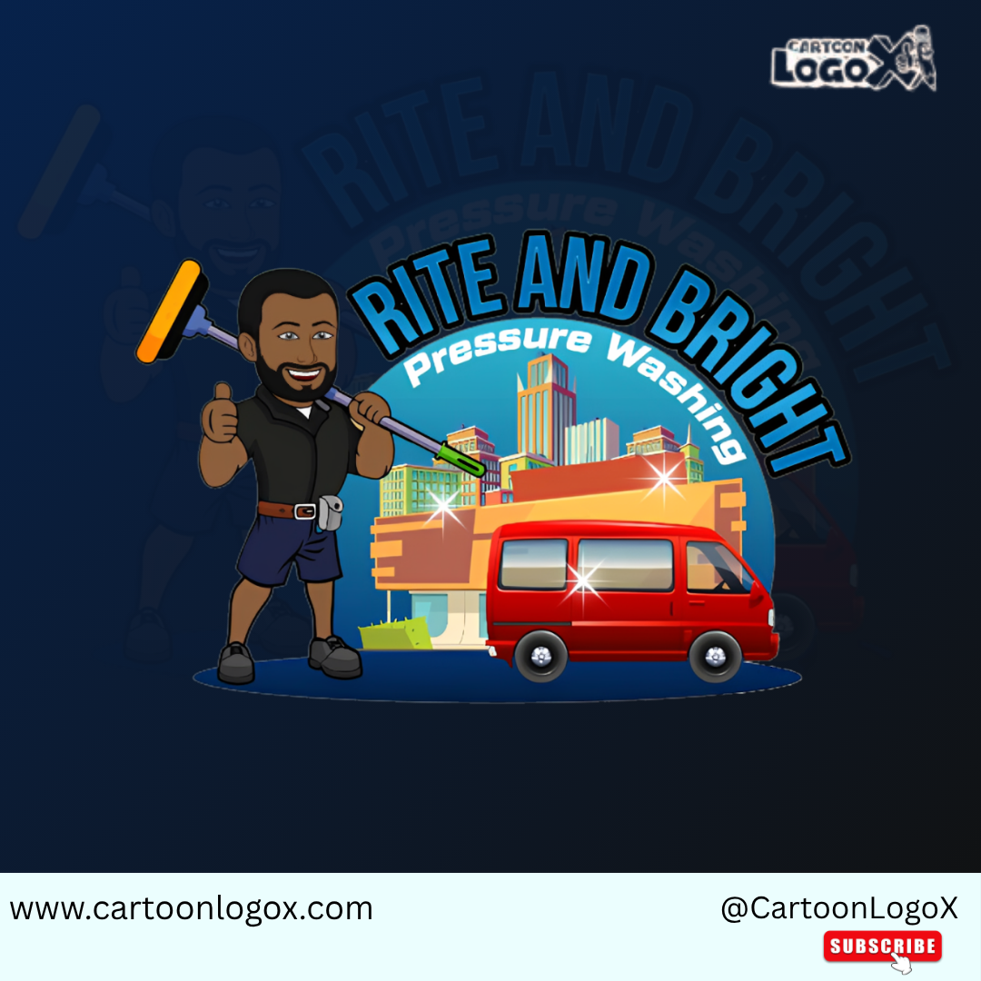 Rite and Bright Pressure Washing Mascot Design | CartoonLogoX branding branding design business logo design cartoon logo agency cartoon mascot logo cartoonlogox custom mascot branding graphic design logo logo designer modern logo design pressure washing logo service logo inspiration