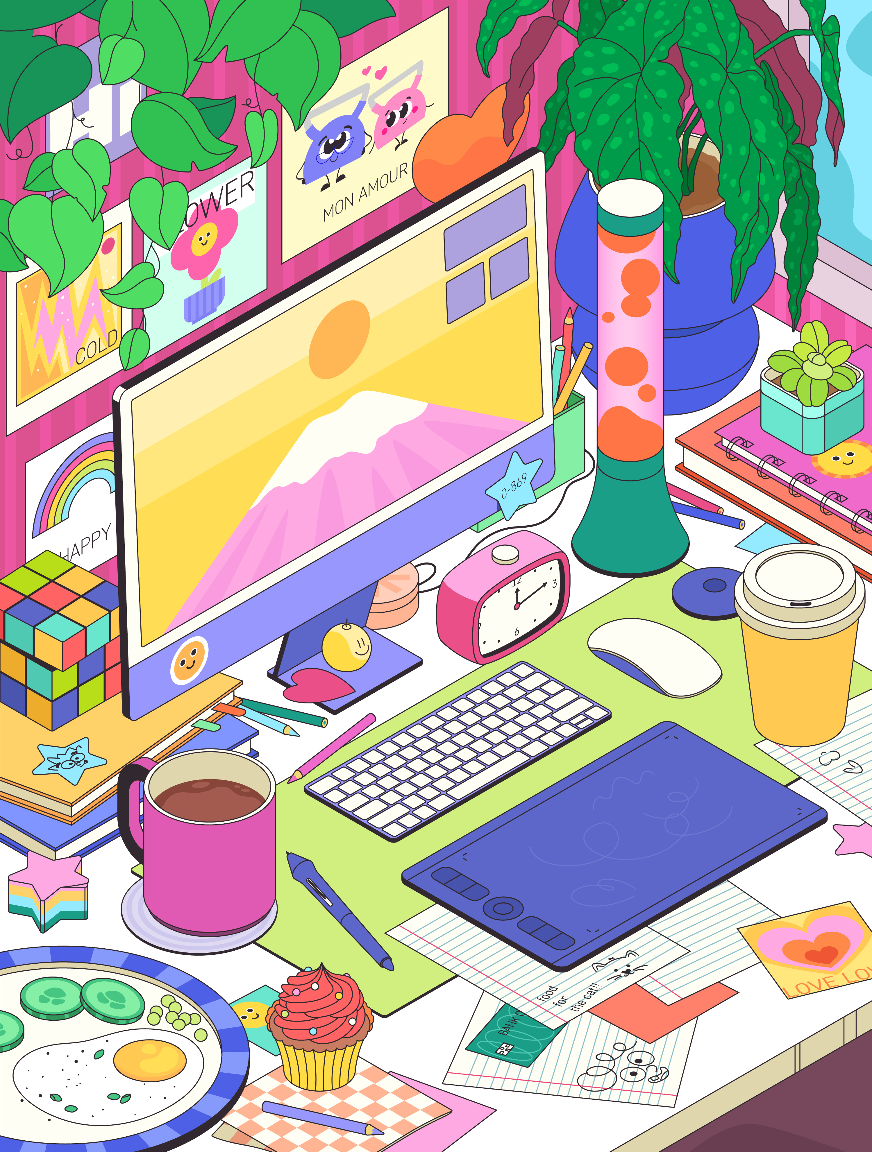 Colorful Designer Workspace breakfast coffee creativity cupcake desk flower food graphic design heart illustration isometric kawaii notebook postcard smiley table vector wacom weight