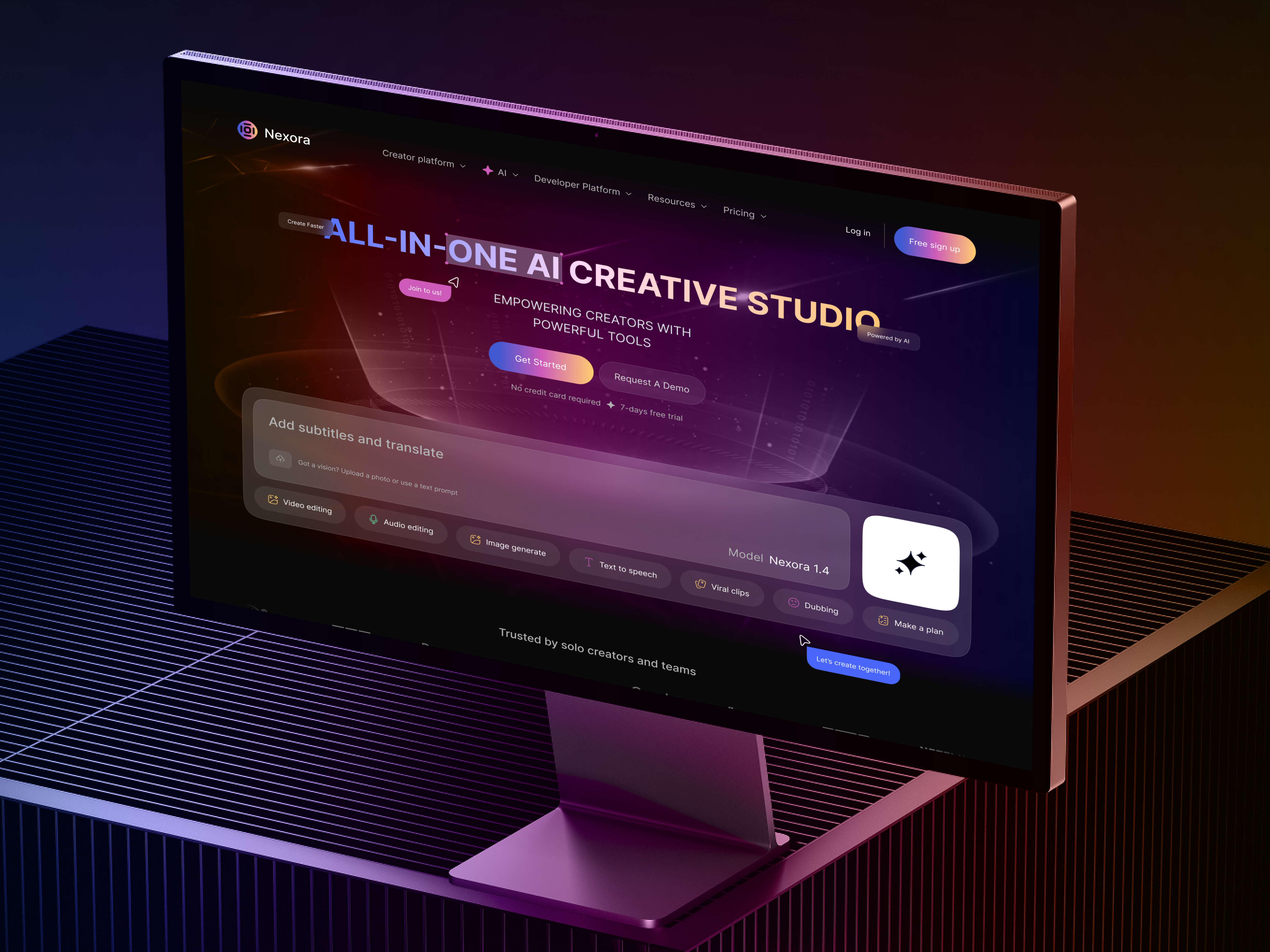 Nexora – All-in-One AI Creative Studio Landing Page ai app ai design ai generator ai platform ai tools ai website audio editing creative platform glassmorphism landing page minimal design modern ui product design saas landing page text to speech ui design ux design video editing app web design website design