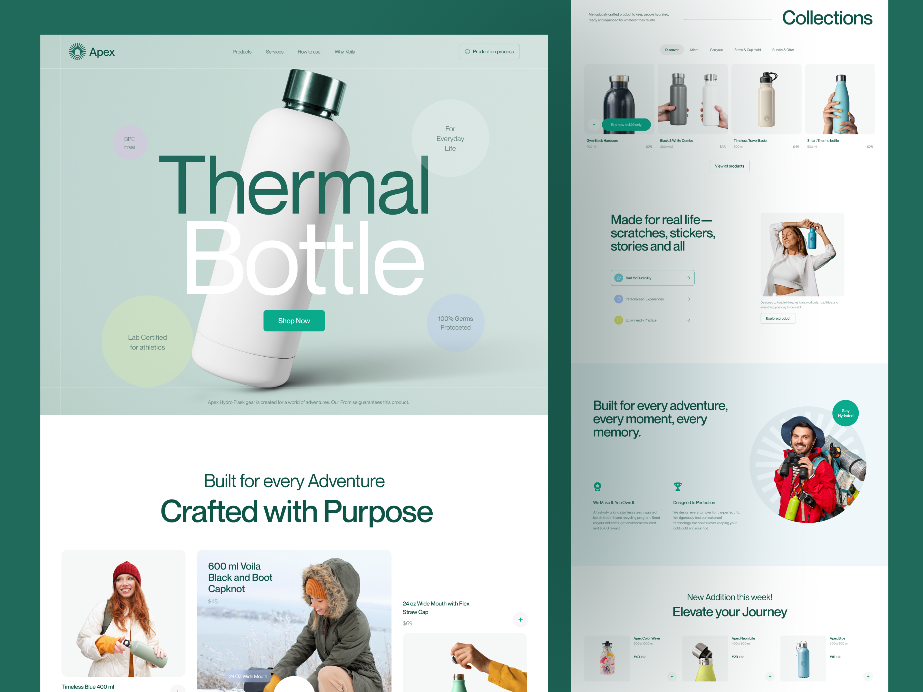 Apex — Thermal Bottle Company Website Design bottle branding business design homepage landingpage lifestyle minimal onlineshop thermalbottle uidesign uiuxdesign uxdesign waterbottle webdesign website