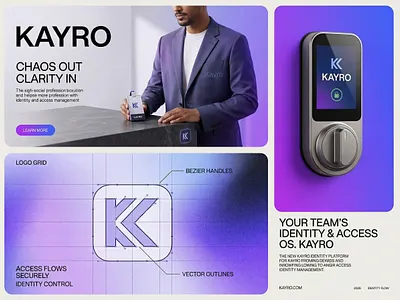 KAYRO — Modern Access Control & Tech Identity access control branding bézier curve logo design corporate security logo digital security identity enterprise saas branding futuristic brand design kayro identity flow logo construction grid modern b2b branding premium corporate identity secure identity platform smart hardware ui tech visual identity vector art workplace access os