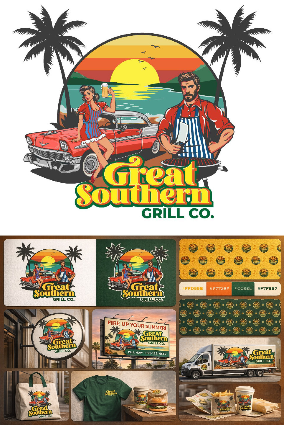 Great Southern Grill Co. | Retro Americana Branding adobe illustrator americana branding characterillustration design graphic design greatsoutherngrill illustration logo restaurantbranding retrodesign vector vintagestyle