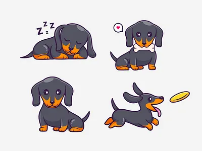 Dachshund Dog Character🐶 adorable animal bone branding breed character cute dachshund dog doodle flat icon illustration logo pet playful playing puppy sleep