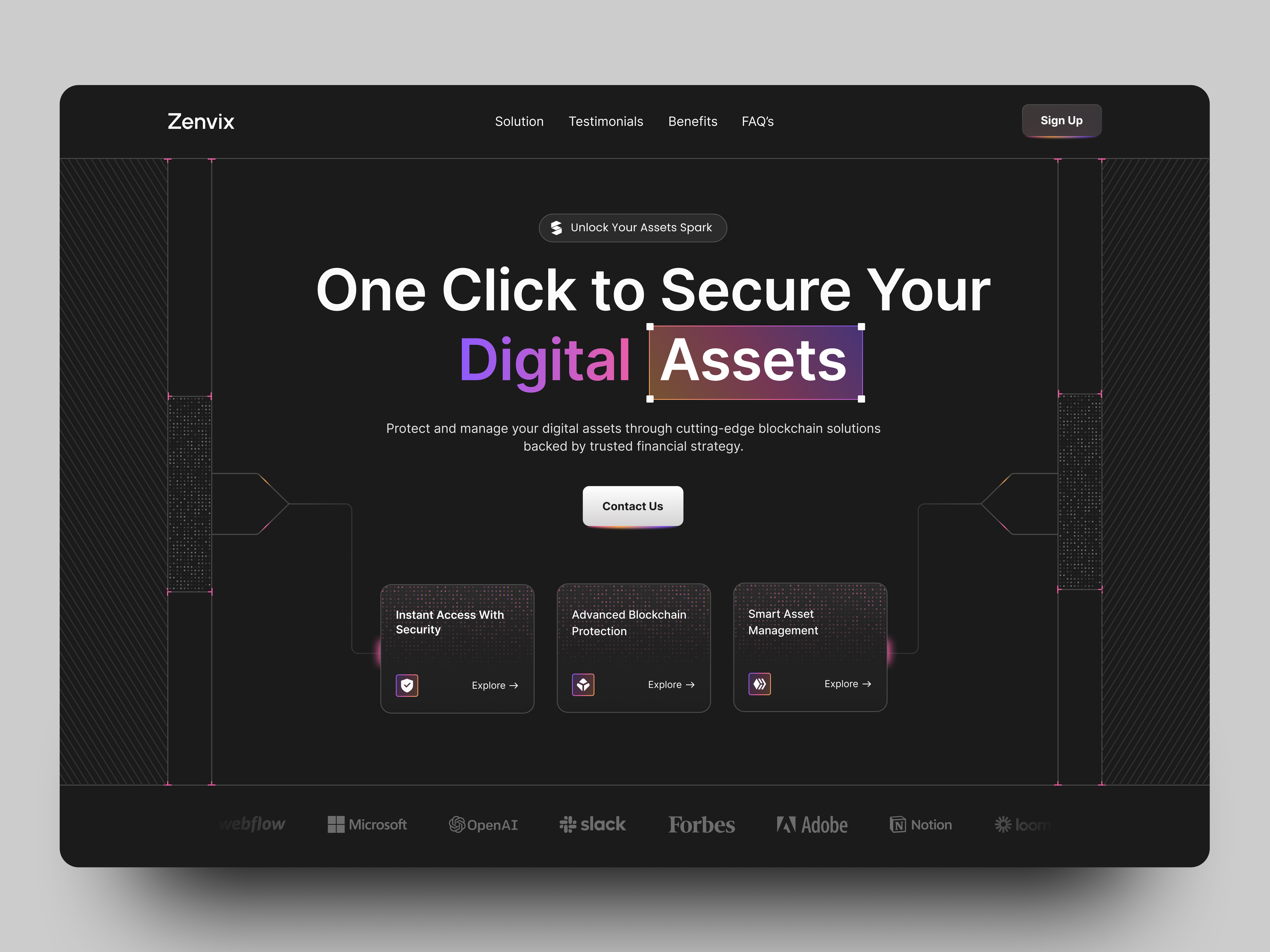 ZenVix — Digital Asset Security Hero Section b2b blockchain ui branding conversion design dark ui dashboard ui digital fintech glassmorphism hero section modern landing page product design saas startup tech trending ui uiux ux web3