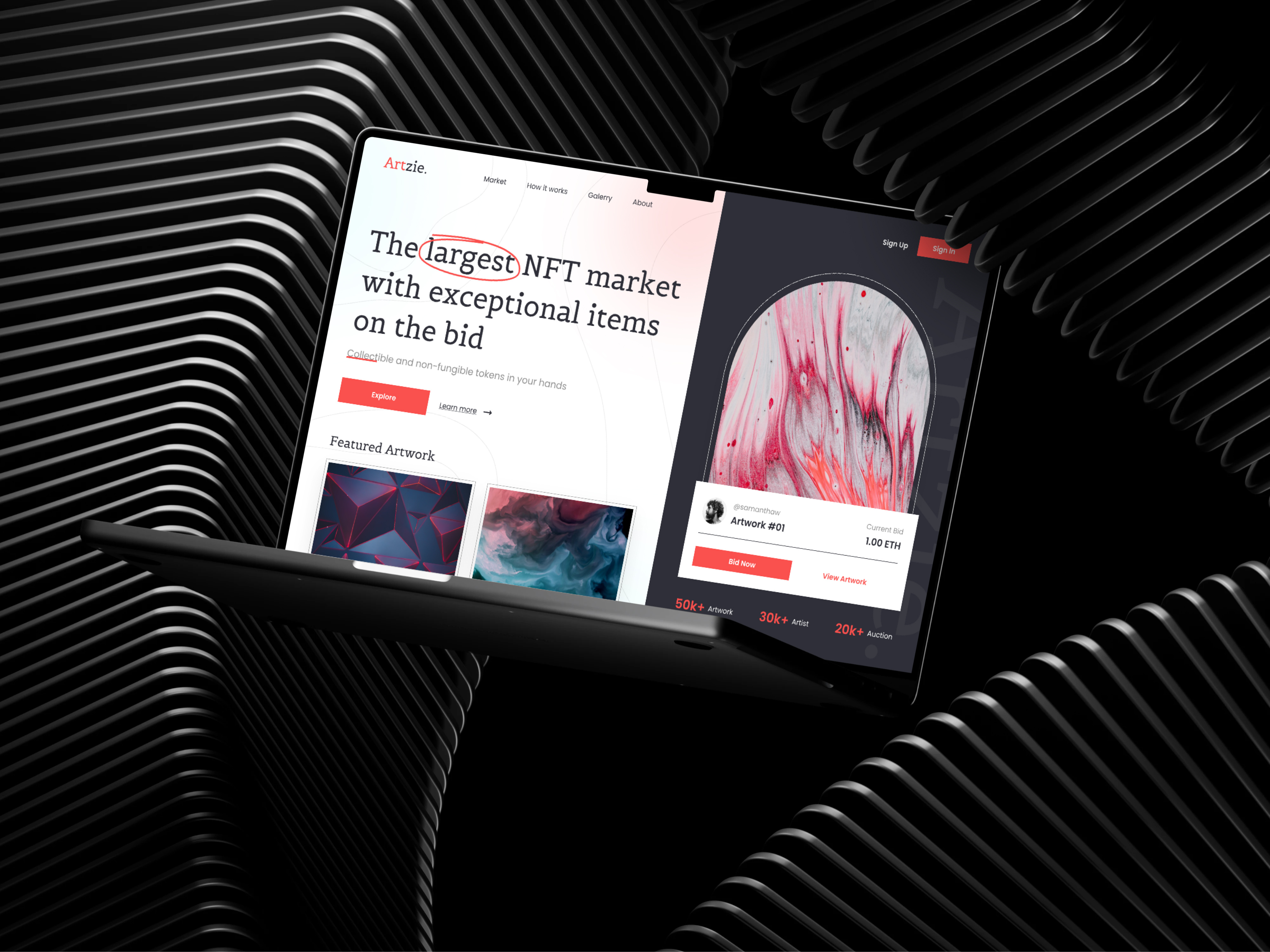 NFT Marketplace Hero Section art marketplace blockchain design crypto marketplace crypto ui digital art platform figma design hero section design homepage design landing page ui modern web design nft landing page nft marketplace nft website startup website ui ux design user interface design web design inspiration