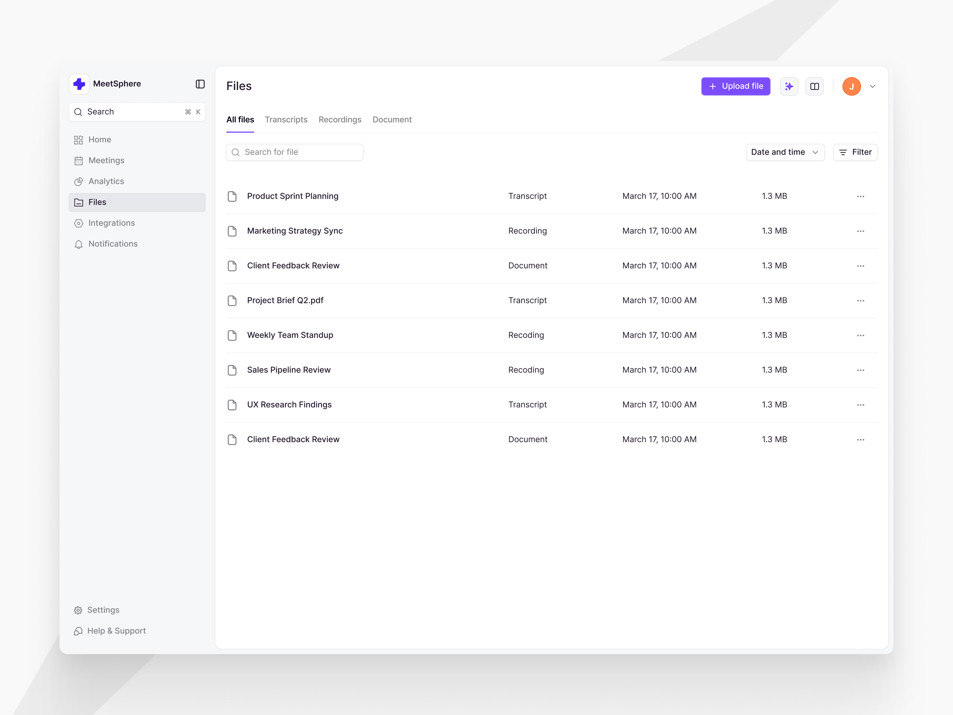 Files page - MeetSphare dashboard dekstop files graphic design saas table ui ux web app web design website