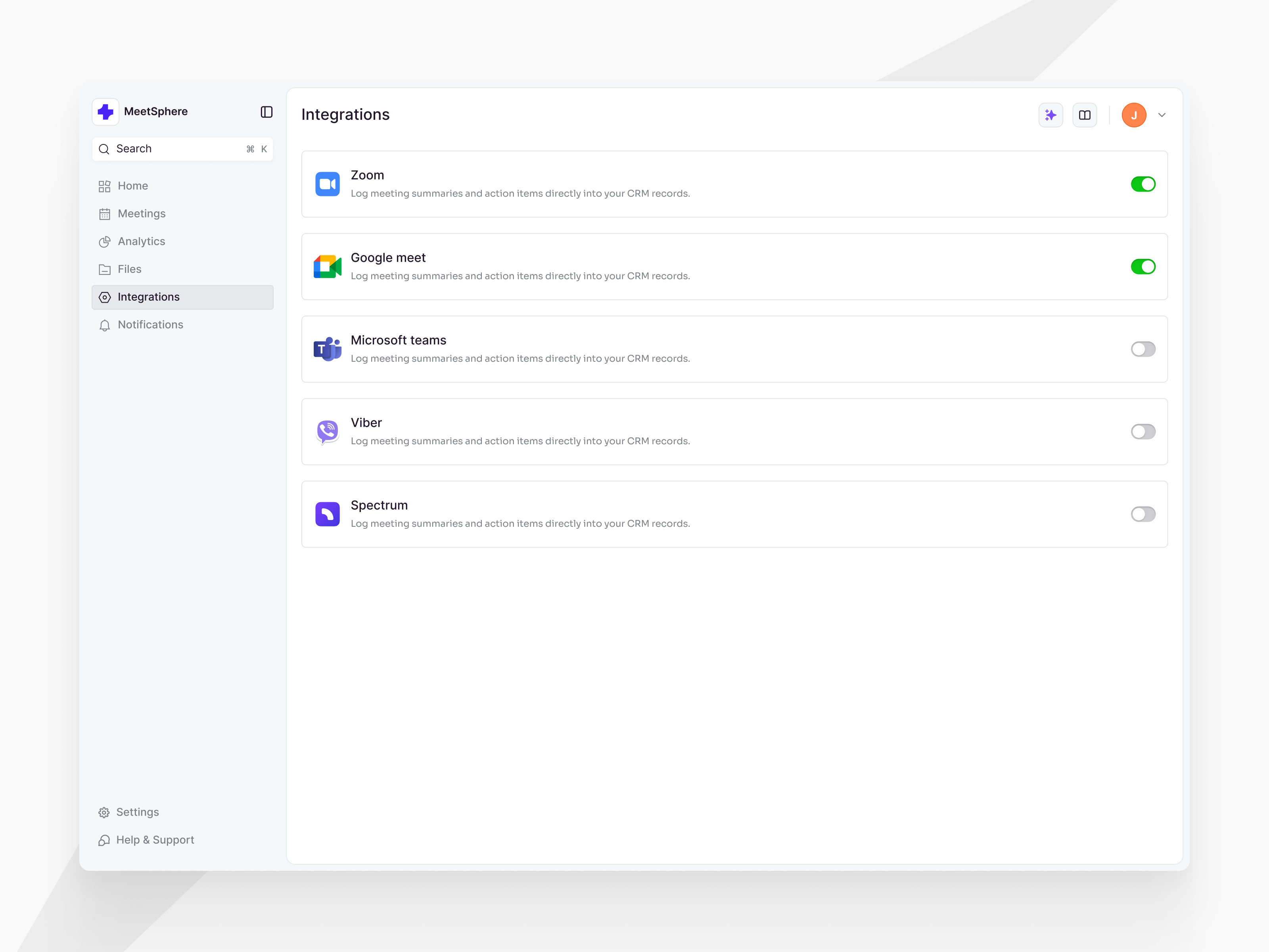 Integrations page - MeetSpare dashboard dekstop integrations saas saas design settings toogle ui ux web app website