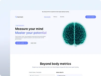 Brain wellness tracking landing page concept brain branding design figma footer graphic design header illustration landing page logo section text ui ux vector