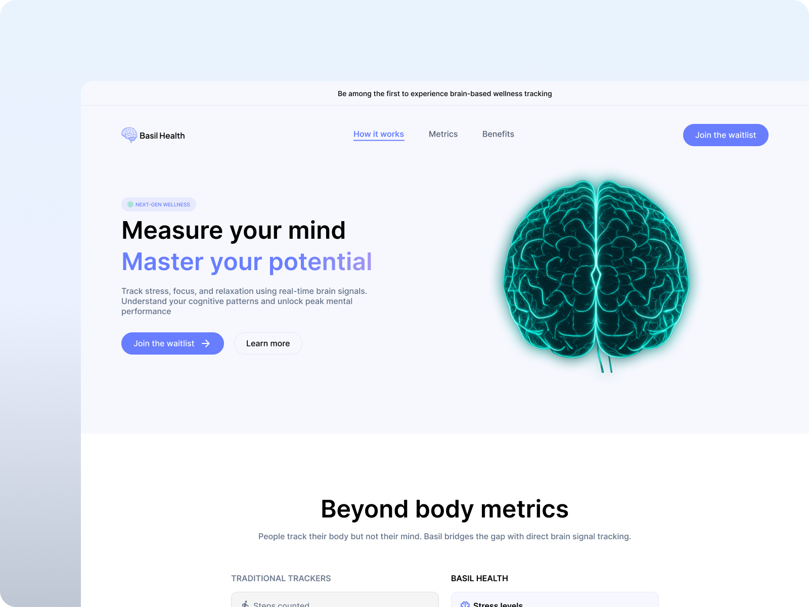 Brain wellness tracking landing page concept