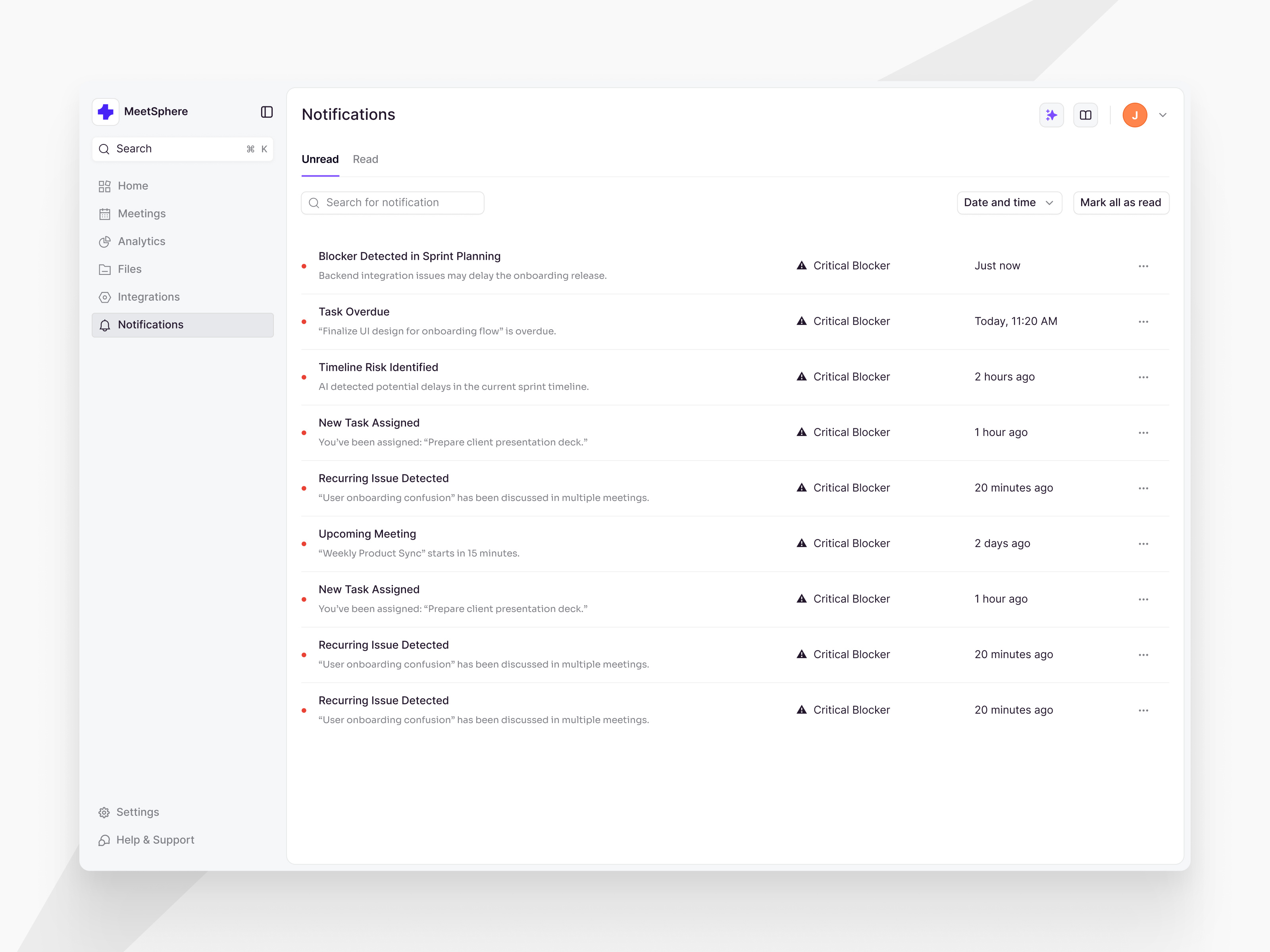 Notifications page - MeetSphare dashboard desktop app notifications saas ui ux web web app webiste